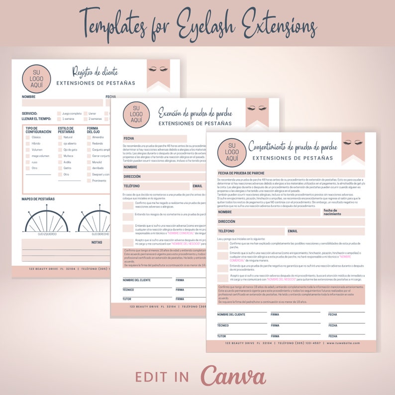 SPANISH Eyelash Extension Business Forms, Editable Lash Artist Consent