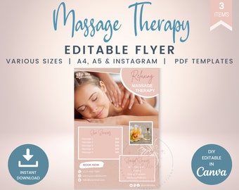 Pacchetto volantini modificabili per terapia di massaggio, volantini per massaggi stampabili A4 e A5, post sui social media Instagram per terapia di massaggio digitale, SKU FLMT1