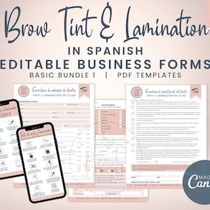 SPANISH Brow Tint and Lamination Business Forms, Brow Lamination Consent Form Template, Brow Lamination Precare & Aftercare, SKU SBTLBB1