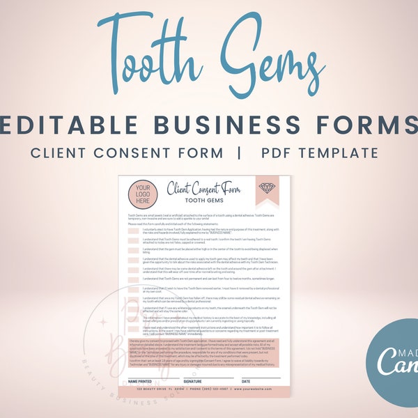 Editable Tooth Gem Consent Form, Tooth Jewel Application Form, Tooth Gem Forms for Estheticians, Tooth Jewelry Liability Waiver, SKU TGC1