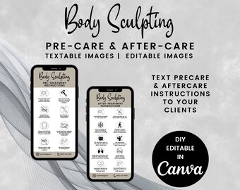 Cuidados prévios e posteriores à escultura corporal, cartões digitais de contorno corporal para mensagens de texto, download instantâneo, suporte pós-procedimento, SKU BSDT2E