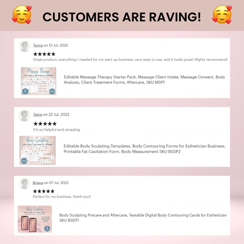 May include: Screenshots of customer reviews for digital printable business forms for massage therapy and body sculpting. The reviews are positive and include the product names and SKUs.