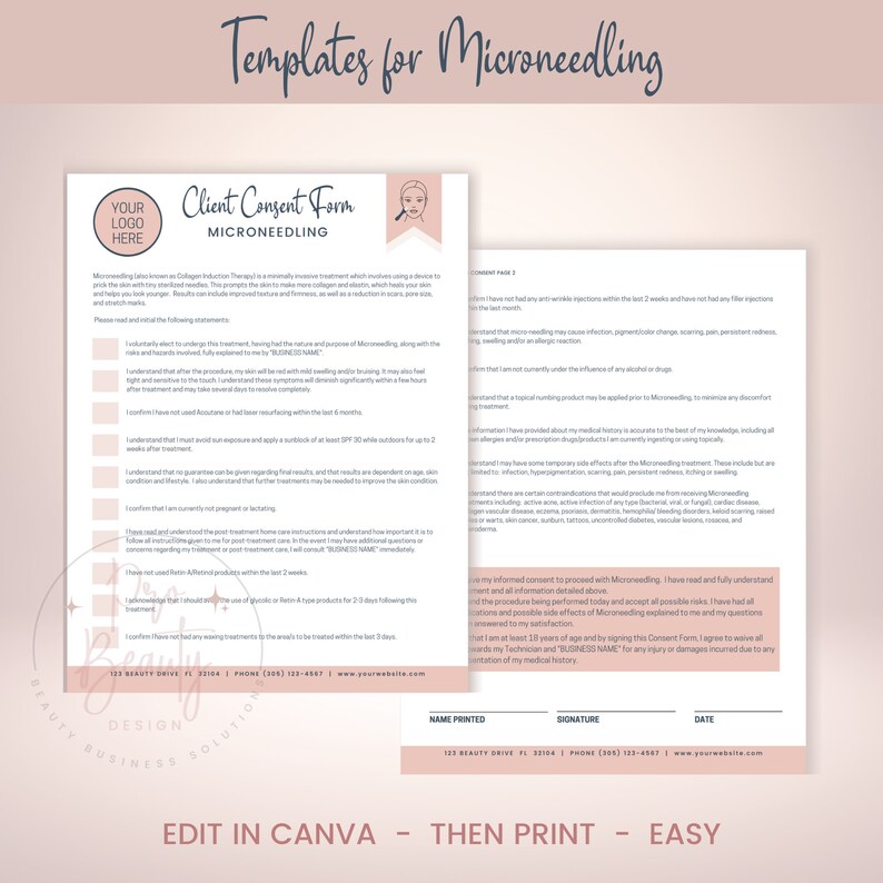 Editable Microneedling Client Intake Forms, Consent Form for ...
