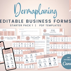 Puede incluir: Un conjunto de 9 plantillas PDF imprimibles para empresas de dermaplaning. Las plantillas son rosa y azul e incluyen formularios para la admisión de clientes, consentimiento, instrucciones previas al tratamiento, instrucciones posteriores al tratamiento y preguntas frecuentes. Las plantillas son editables en Canva.