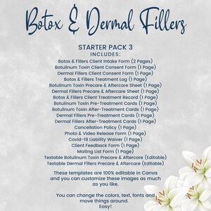 May include: A digital download of printable templates for Botox and Dermal Fillers. The templates include client intake forms, consent forms, treatment logs, pre- and aftercare sheets, and more. The templates are 100% editable in Canva and can be customized with colors, text, and fonts.