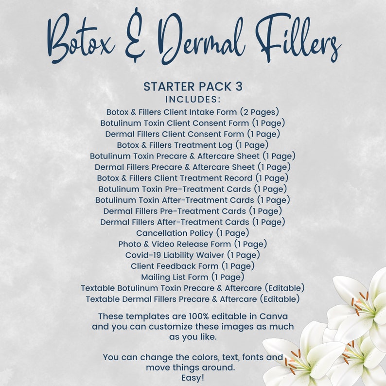 May include: A digital download of printable templates for Botox and Dermal Fillers. The templates include client intake forms, consent forms, treatment logs, pre- and aftercare sheets, and more. The templates are 100% editable in Canva and can be customized with colors, text, and fonts.