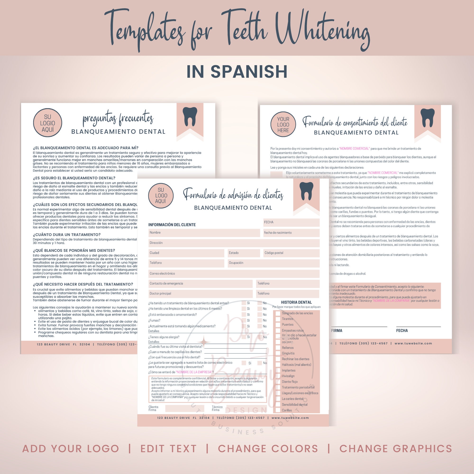 SPANISH Teeth Whitening Business Forms, Editable Tooth Whitening Client Intake and Consent
