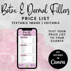 Puede incluir: Una pantalla de teléfono móvil rosa y blanca que muestra una lista de precios para Botox y rellenos dérmicos. La lista incluye precios para relajantes para arrugas, rellenos de labios y tratamientos avanzados. El texto "Envía tu lista de precios a tus clientes" se muestra encima del teléfono.