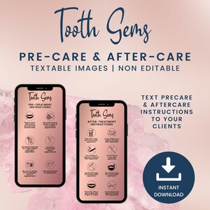 Cartes de préentretien et de suivi des gemmes dentaires textables, cartes de gemmes dentaires numériques pour les esthéticiennes, images de soins après les bijoux dentaires, SKU TGDT1