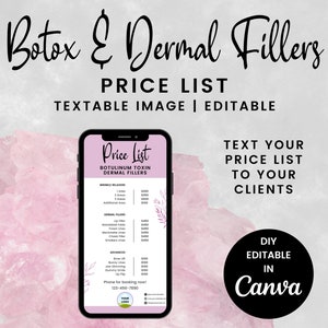Puede incluir: Una pantalla de teléfono digital rosa y blanca que muestra una lista de precios para Botox y rellenos dérmicos. El texto en la pantalla dice "Price List", "Botulinum Toxin", "Dermal Fillers", "Wrinkle Relaxers", "Dermal Fillers", "Advanced", "Phone for booking now!" y "Your Logo".