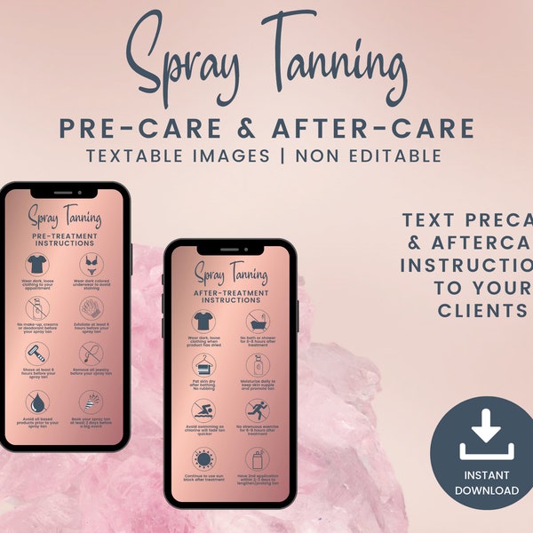 Textable Spray Tanning Precare and Aftercare, Digital Spray Tanning Cards for Estheticians, Spray Tan Artist Aftercare PNG, SKU STDT1