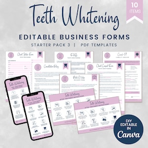 Teeth Whitening Business Form Templates, Editable Tooth Whitening Client Intake and Consent, Dental Aftercare and FAQs, SKU TWSP3