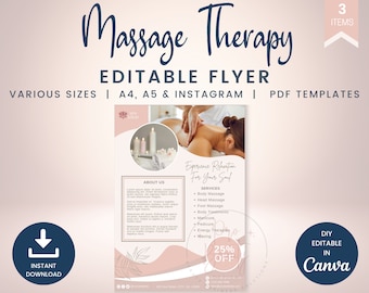 Pacchetto volantini modificabili per terapia di massaggio, volantini per massaggi stampabili A4 e A5, post sui social media Instagram per terapia di massaggio digitale, SKU FLMT2