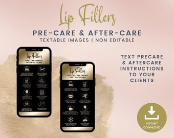 Pode incluir: Duas maquetes de smartphones exibindo instruções de pré e pós-tratamento para preenchedores labiais. O texto nas telas diz "Lip Fillers Pre-Treatment Instructions" e "Lip Fillers After-Treatment Instructions". O fundo é rosa claro com uma sobreposição dourada.