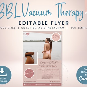 May include: A pink and blue flyer advertising Brazilian Butt Lift Vacuum Therapy. The flyer features a woman in a swimsuit standing on a beach. The flyer includes the text "Brazilian Butt Lift Vacuum Therapy" and lists the benefits of the treatment. The flyer also includes a logo for "SPA DGO" and a 25% off sale.