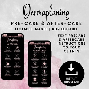 Cartões de pré-cuidados e pós-tratamento de dermaplaning texturizáveis, instruções de microplanagem digital, imagens PNG e JPG para esteticistas, SKU DPDT4