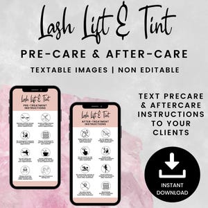 Kaarten voor voor- en nazorg voor wimperlifting en tinting, sms-instructies voor voor- en nazorg wimperlifting, wimperlifttint JPG, SKU LLTDT1