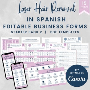May include: A set of 15 printable PDF templates for laser hair removal businesses in Spanish. The templates are editable on Canva and include forms for client intake, treatment instructions, and more. The text on the forms is in Spanish.