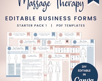 Editable Massage Therapy Starter Pack, Massage Client Intake, Massage Consent, Body Analysis, Client Treatment Forms, Aftercare, SKU MSP1