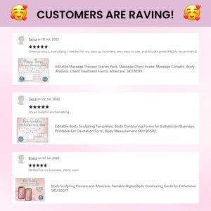 May include: Three customer reviews for printable business forms for massage therapy and body sculpting. The reviews include five-star ratings and positive comments about the products. The image also shows the product titles and descriptions, including the SKU numbers.