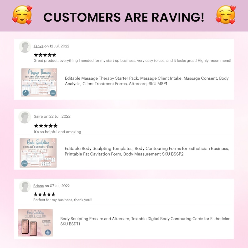 May include: Three customer reviews for printable business forms for massage therapy and body sculpting. The reviews include five-star ratings and positive comments about the products. The image also shows the product titles and descriptions, including the SKU numbers.