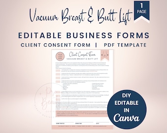 Formulario de consentimiento y exención de responsabilidad para levantamiento de senos y glúteos con ventosas, plantilla editable para ventosas BBL, formulario comercial para spa médico con terapia de vacío, SKU VBBLC