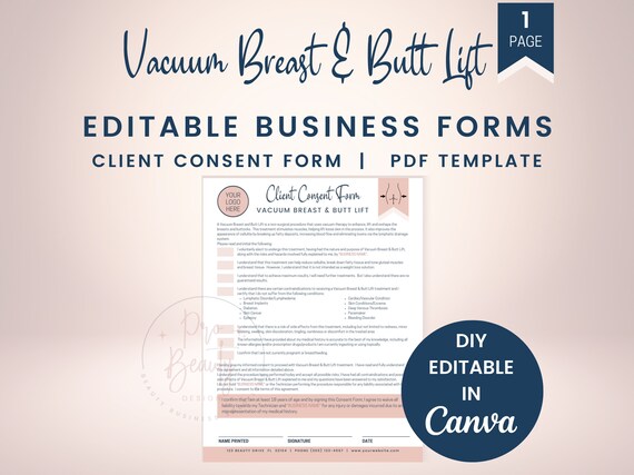 Vacuum Breast and Butt Lift Consent Form & Liability Waiver, Editable BBL Cupping Template, Vacuum Therapy Medi Spa Business Form, SKU VBBLC