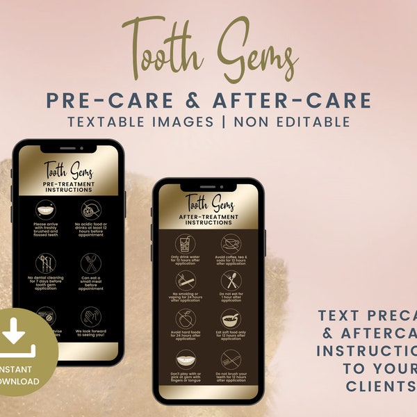 Textable Tooth Gems Precare and Aftercare Cards, Digital Tooth Gems Cards for Estheticians, Tooth Jewel After Care Phone Card JPG, SKU TGDT3