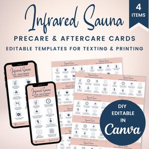 Lot de cartes de prétraitement et de suivi pour sauna infrarouge, modèles numériques modifiables pour esthéticiennes, image imprimable et textuelle SKU ISACB1