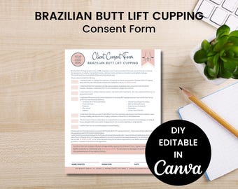 Formulario de consentimiento y exención de responsabilidad para el levantamiento de glúteos brasileño con ventosas, plantilla editable para el levantamiento de glúteos brasileño con ventosas, formulario comercial para centro de terapia de vacío médico, SKU BBLC1