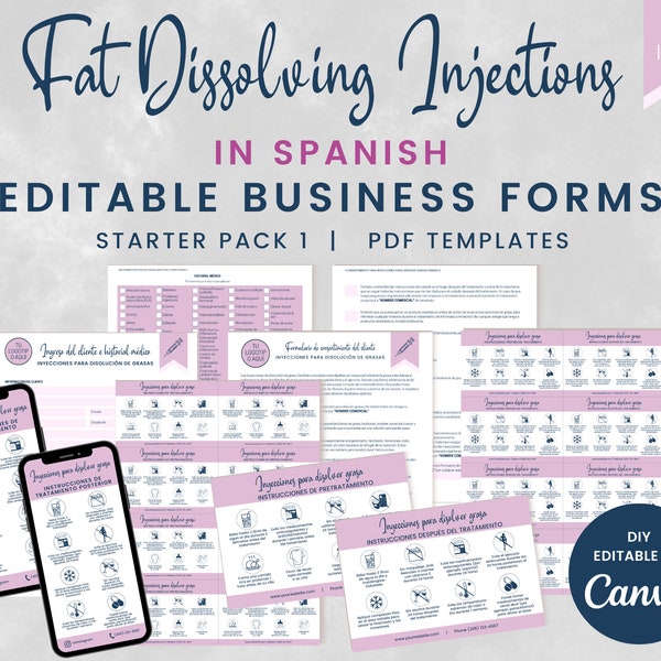 SPANISH Fat Dissolving Injections Business Forms, Fat Dissolve Consent, Fat Cavitation Consultation Forms, Nurse Injector Forms, SKU SFDISP1