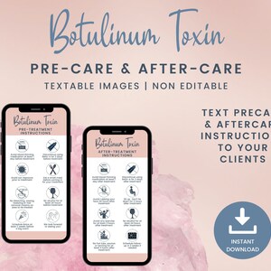 Botulinum Toxin Precare and Aftercare, Textable Botox Image, Precare and Aftercare Cards for Aesthetician, Pink and White, SKU BODT3