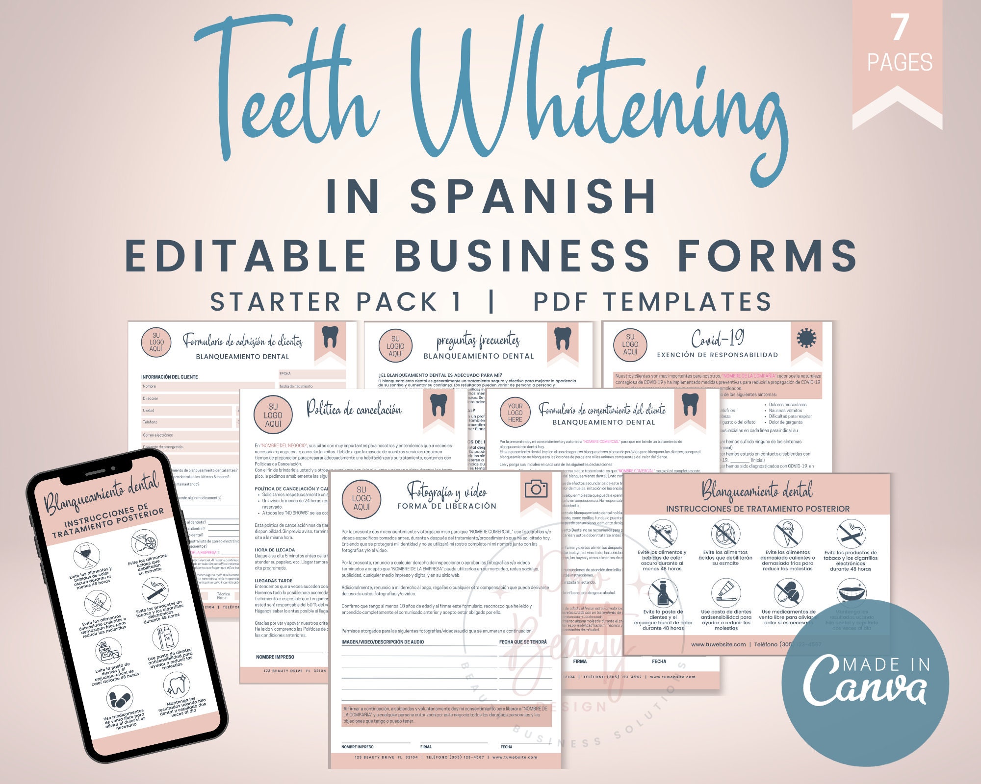 SPANISH Teeth Whitening Business Forms Editable Tooth Etsy