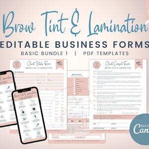 Editable Brow Tint and Lamination Client Intake Form, Brow Lamination Consent Form Template, Brow Lamination Precare & Aftercare, SKU BTLBB1