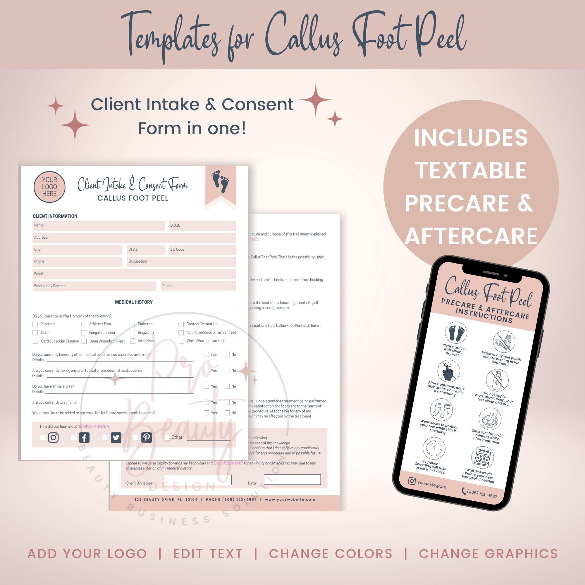 Callus Foot Peel Client Intake and Consent Forms, Editable Feet
