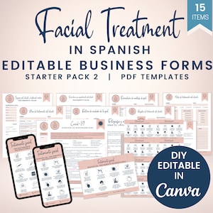 ESPAÑOL Formularios comerciales de tratamientos faciales, plantillas para esteticistas, formularios de consentimiento para el cuidado de la piel imprimibles, formularios de consulta facial, SKU SFTSP2