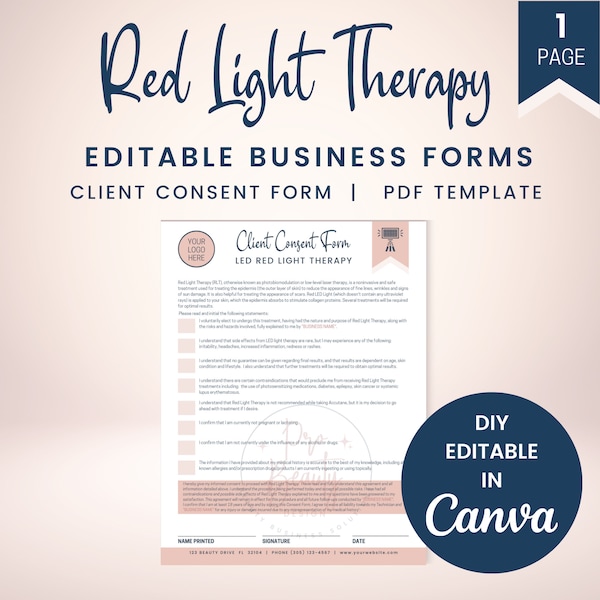 LED Red Light Therapy Client Consent Form, Editable RLT Forms for Estheticians, Printable Medi Spa Form, Esthetician Templates, SKU RLTC1