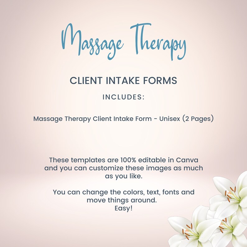 Editable Unisex Massage Therapy Intake Forms, Non Gender Client Intake
