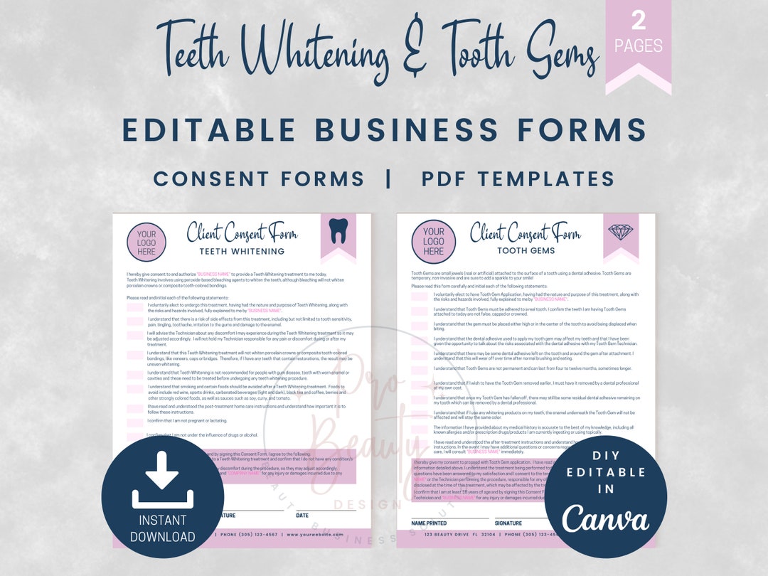 Teeth Whitening and Tooth Gems Client Consent Forms, Editable Informed