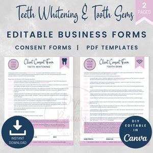 Puede incluir: Dos formularios de consentimiento imprimibles en PDF para el blanqueamiento dental y las gemas dentales. Los formularios son editables en Canva y presentan una combinación de colores rosa y azul con un icono de diente y un diamante. El texto en los formularios incluye "Formulario de consentimiento del cliente", "Blanqueamiento dental" y "Gemas dentales".