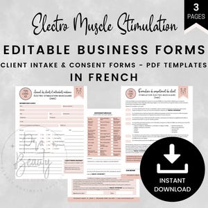 May include: Editable business forms for electro muscle stimulation in French. The forms include a client intake form and a consent form. The forms are available for instant download.
