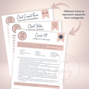 May include: Three-page client forms for eyelash extensions, client intake, and a COVID-19 liability waiver. Each form has a space for a logo and includes icons. The forms are printed on white paper with pink accents.