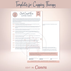 May include: A printable client consent form for cupping therapy. The form includes a section for the client's name, signature, and date. The form also includes a statement that the client understands the risks and benefits of cupping therapy.