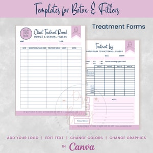 May include: Printable templates for a client treatment record and treatment log for Botox and dermal fillers. The templates are designed for use in a beauty salon or spa. The templates are pink and white with a stylized illustration of a woman's face.