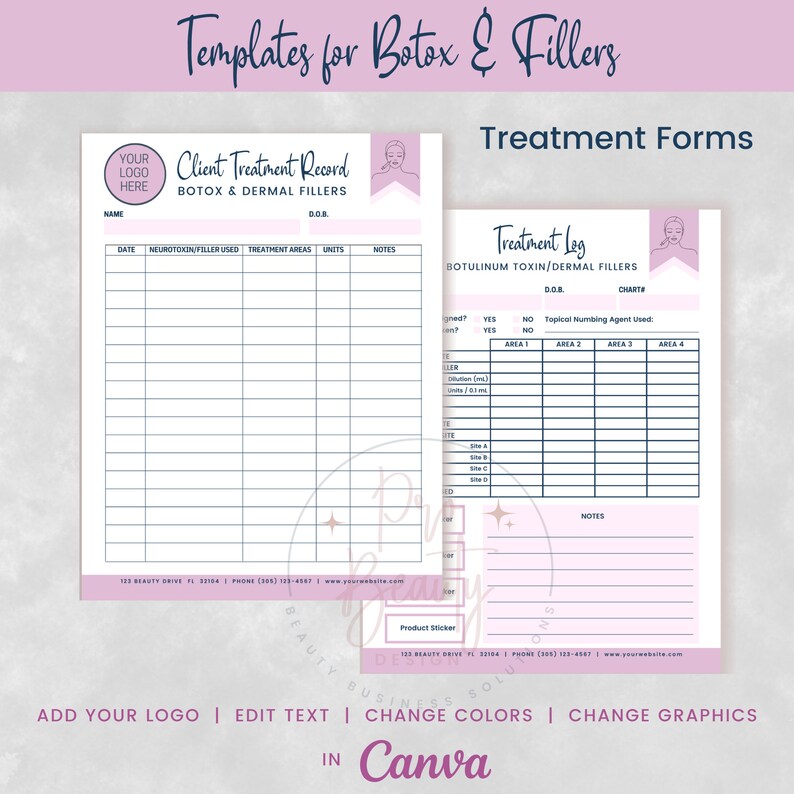 May include: Printable templates for a client treatment record and treatment log for Botox and dermal fillers. The templates are designed for use in a beauty salon or spa. The templates are pink and white with a stylized illustration of a woman's face.