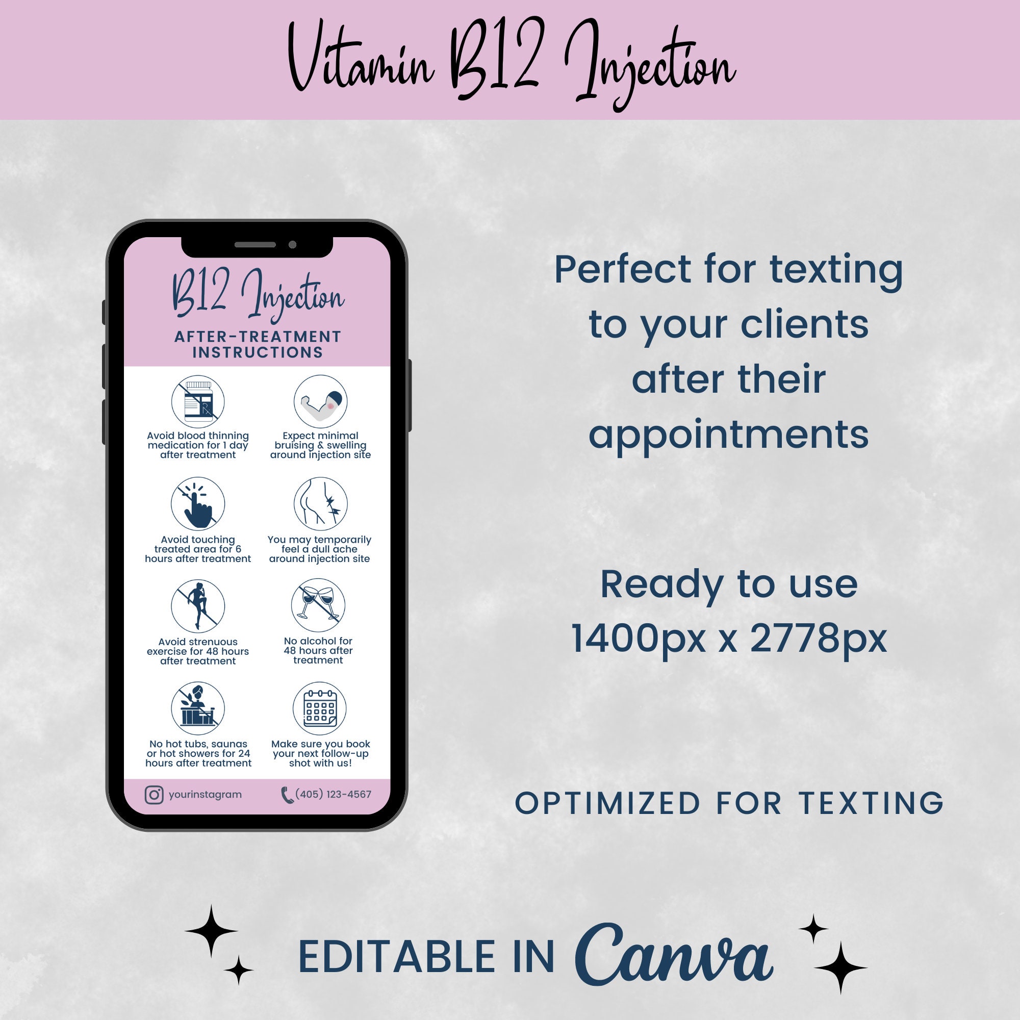 Textable Vitamin B12 Injection Precare and Aftercare Instructions,  Injectables Aftercare, Medi Spa Nurse Injector Cards, SKU B12DTE