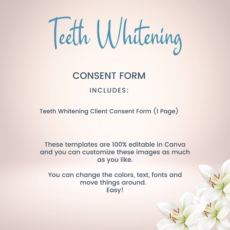 Teeth Whitening Client Consent Form, Editable Informed Consent, Tooth Whitening Form, Business