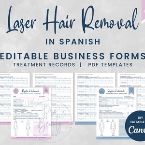 May include: Editable business forms for laser hair removal treatment records in Spanish. The forms are designed for use with Canva and include a body outline for recording treatment areas. The forms are available as PDF templates.