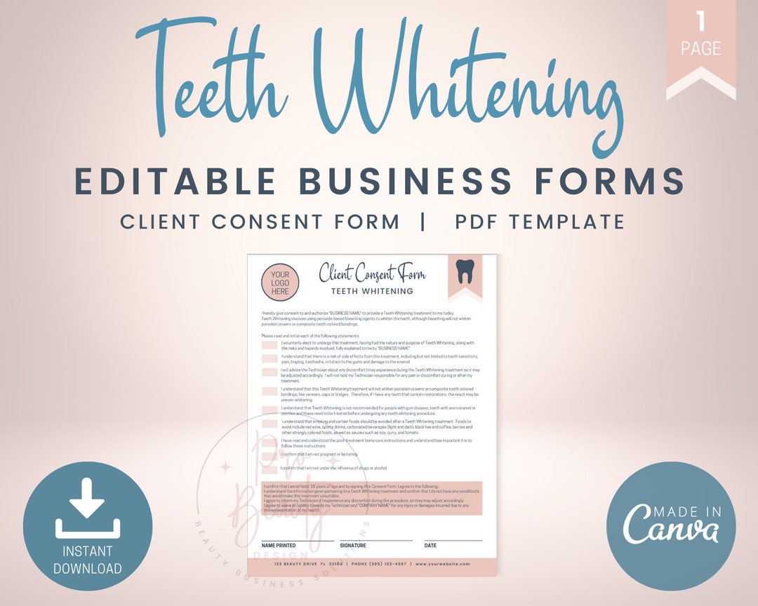 Teeth Whitening Client Consent Form Editable Informed Etsy