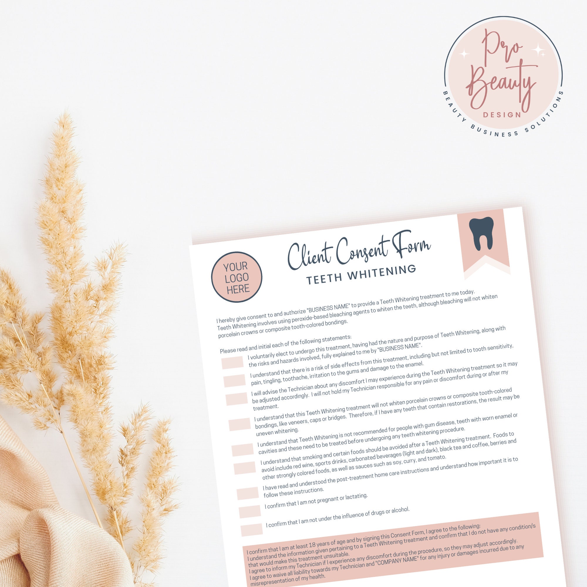 Teeth Whitening Client Consent Form, Editable Informed Consent, Tooth